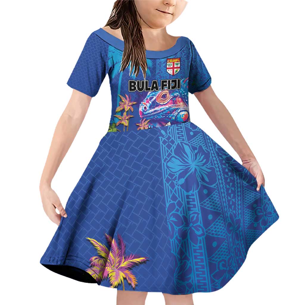 Fiji Bula Family Matching Off Shoulder Short Dress and Hawaiian Shirt Tropical Plants with Palm Tree and Iguana Colorful LT03 Daughter's Dress Blue - Polynesian Pride