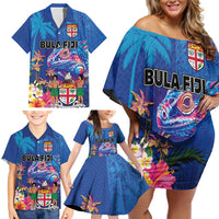 Fiji Bula Family Matching Off Shoulder Short Dress and Hawaiian Shirt Tropical Plants with Palm Tree and Iguana Colorful LT03 - Polynesian Pride