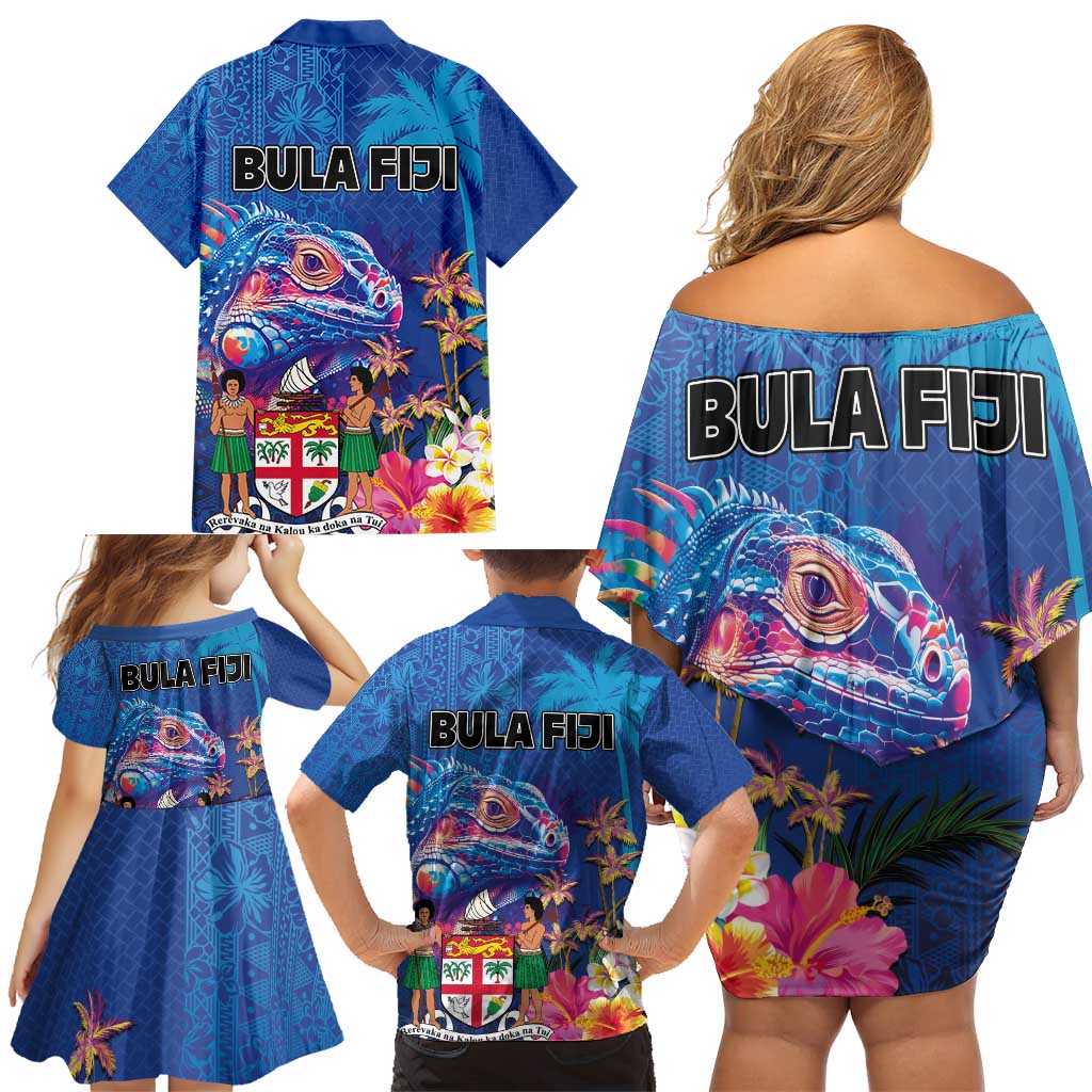 Fiji Bula Family Matching Off Shoulder Short Dress and Hawaiian Shirt Tropical Plants with Palm Tree and Iguana Colorful LT03 - Polynesian Pride