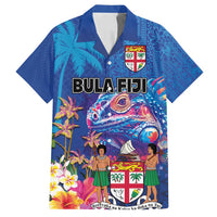 Fiji Bula Family Matching Off Shoulder Short Dress and Hawaiian Shirt Tropical Plants with Palm Tree and Iguana Colorful LT03 Dad's Shirt - Short Sleeve Blue - Polynesian Pride