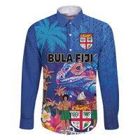 Fiji Bula Family Matching Off Shoulder Short Dress and Hawaiian Shirt Tropical Plants with Palm Tree and Iguana Colorful LT03 Dad's Shirt - Long Sleeve Blue - Polynesian Pride