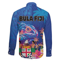 Fiji Bula Family Matching Off Shoulder Short Dress and Hawaiian Shirt Tropical Plants with Palm Tree and Iguana Colorful LT03 - Polynesian Pride
