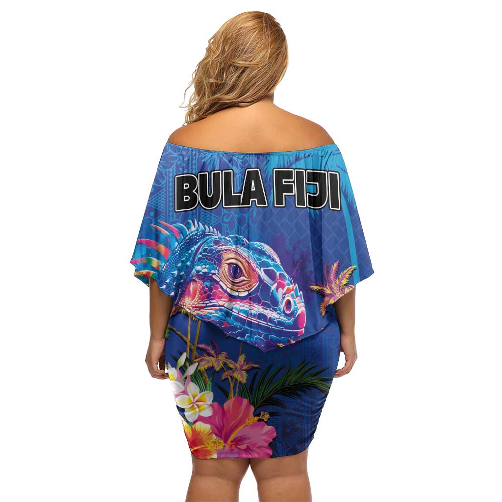 Fiji Bula Family Matching Off Shoulder Short Dress and Hawaiian Shirt Tropical Plants with Palm Tree and Iguana Colorful LT03 - Polynesian Pride