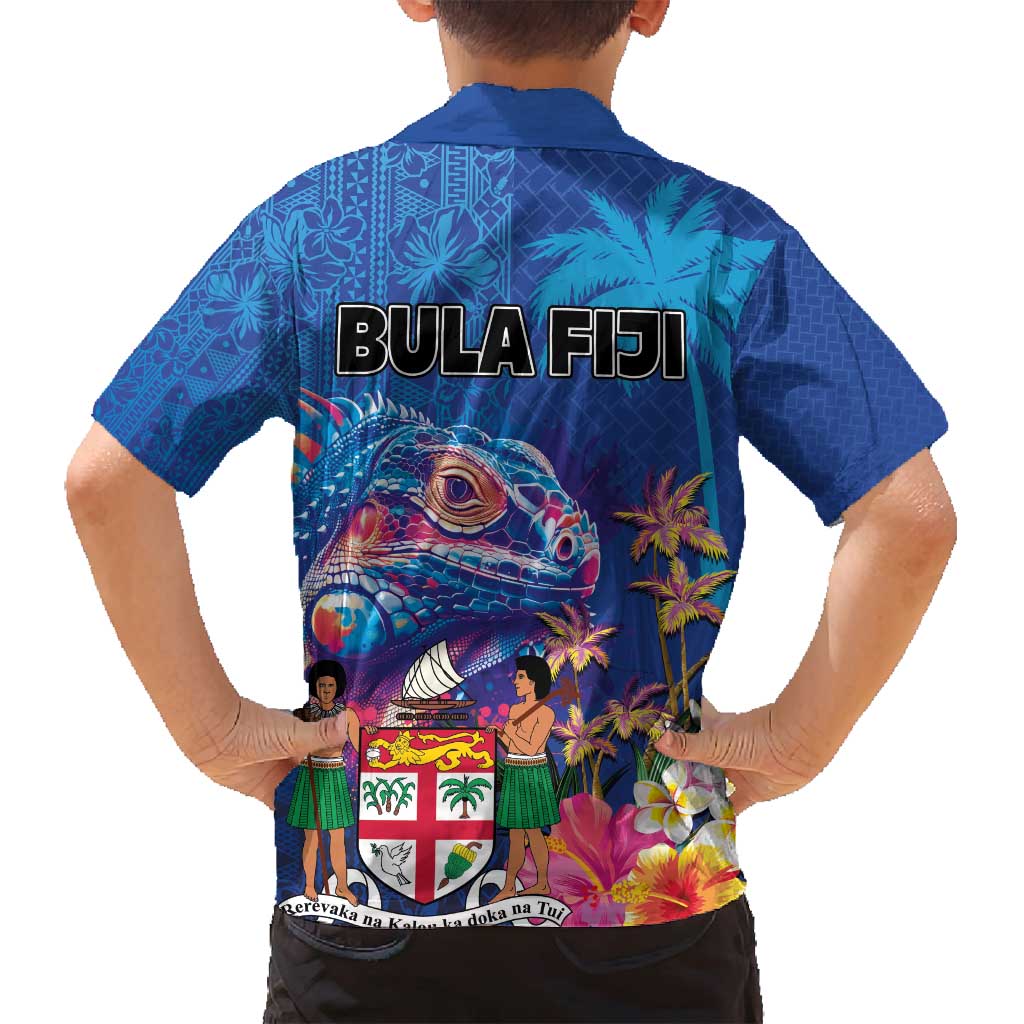 Fiji Bula Family Matching Puletasi and Hawaiian Shirt Tropical Plants with Palm Tree and Iguana Colorful