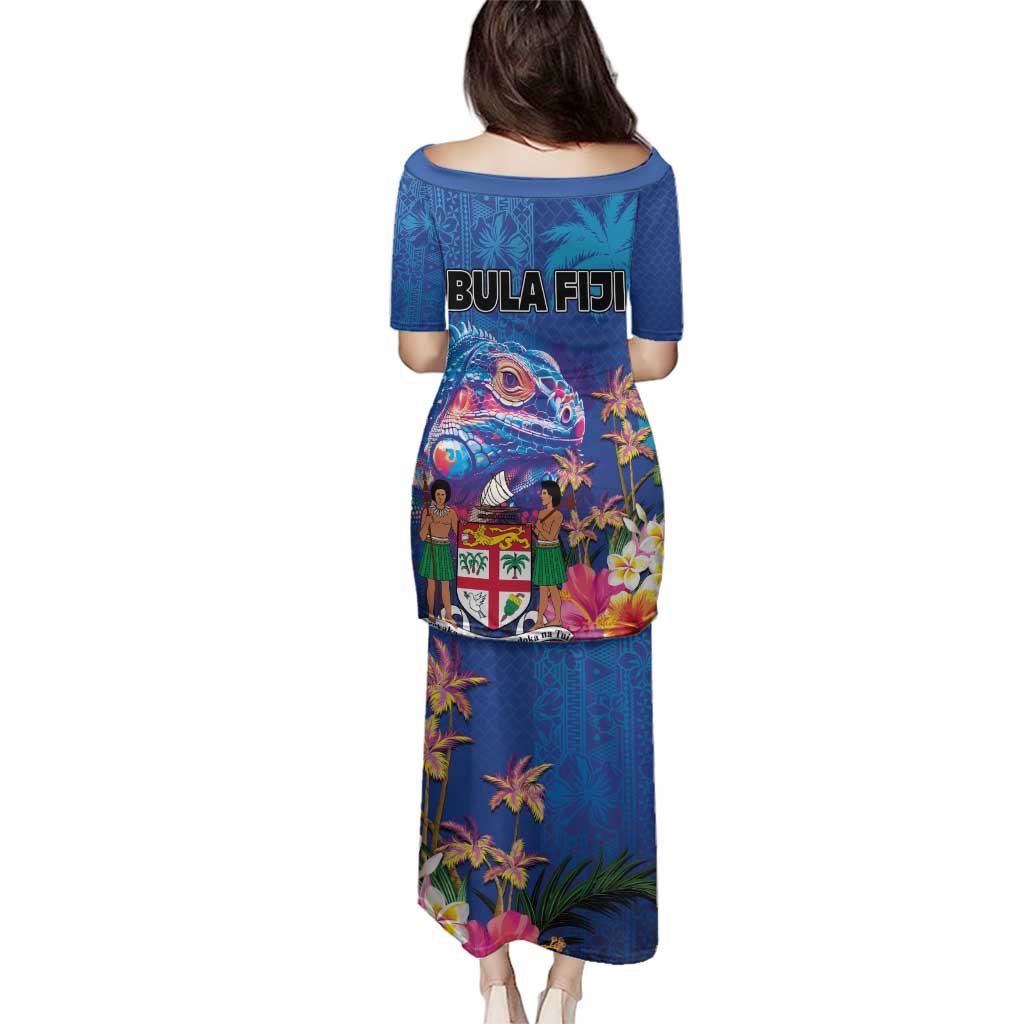 Fiji Bula Family Matching Puletasi and Hawaiian Shirt Tropical Plants with Palm Tree and Iguana Colorful