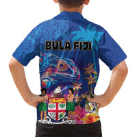 Fiji Bula Family Matching Short Sleeve Bodycon Dress and Hawaiian Shirt Tropical Plants with Palm Tree and Iguana Colorful LT03 - Polynesian Pride