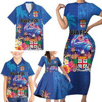 Fiji Bula Family Matching Short Sleeve Bodycon Dress and Hawaiian Shirt Tropical Plants with Palm Tree and Iguana Colorful LT03 - Polynesian Pride
