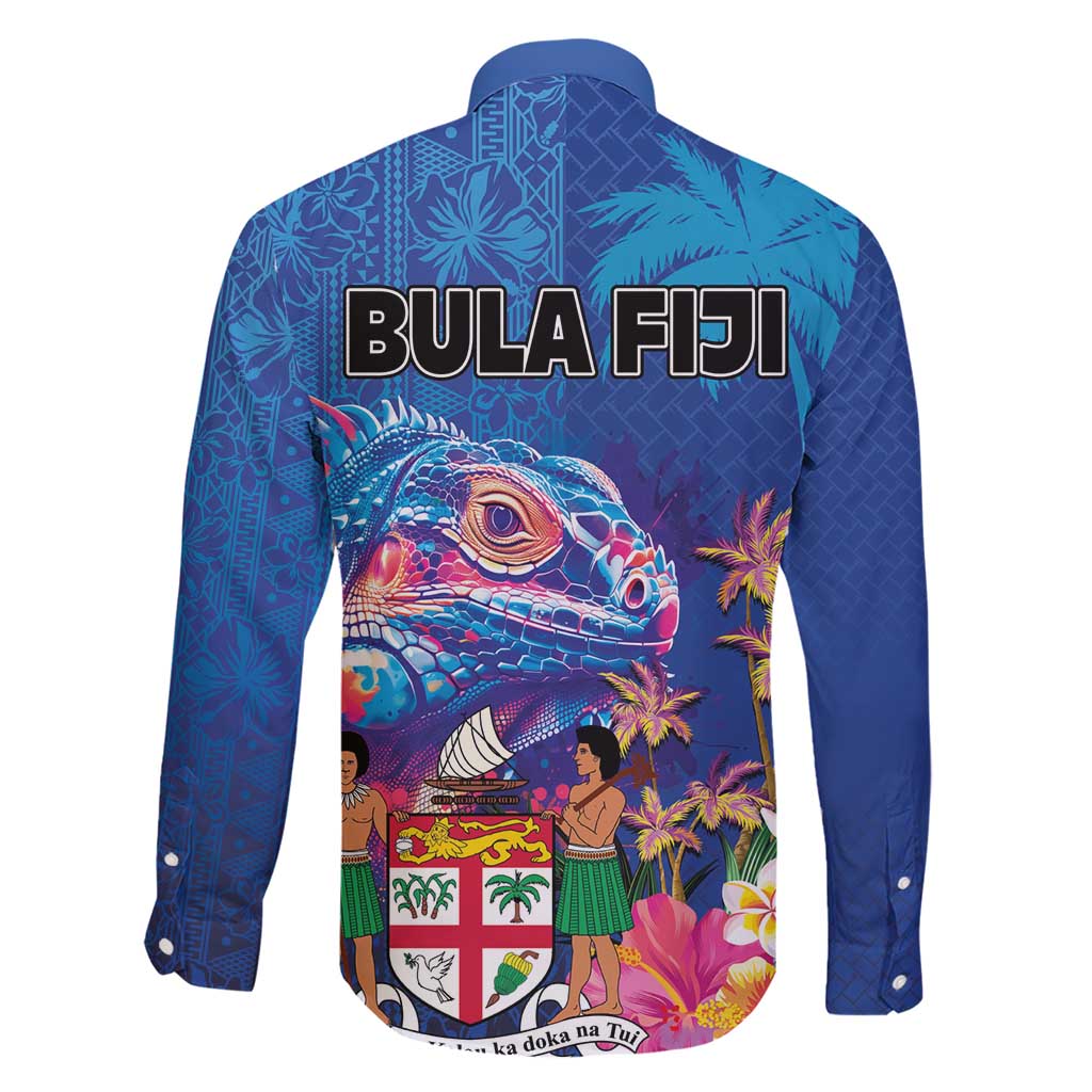 Fiji Bula Family Matching Short Sleeve Bodycon Dress and Hawaiian Shirt Tropical Plants with Palm Tree and Iguana Colorful LT03 - Polynesian Pride