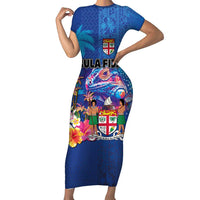 Fiji Bula Family Matching Short Sleeve Bodycon Dress and Hawaiian Shirt Tropical Plants with Palm Tree and Iguana Colorful LT03 Mom's Dress Blue - Polynesian Pride