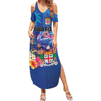 Fiji Bula Family Matching Summer Maxi Dress and Hawaiian Shirt Tropical Plants with Palm Tree and Iguana Colorful