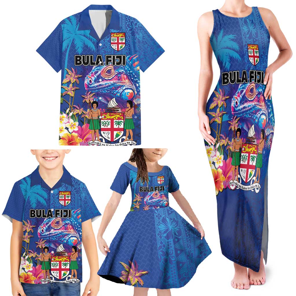 Fiji Bula Family Matching Tank Maxi Dress and Hawaiian Shirt Tropical Plants with Palm Tree and Iguana Colorful LT03 - Polynesian Pride