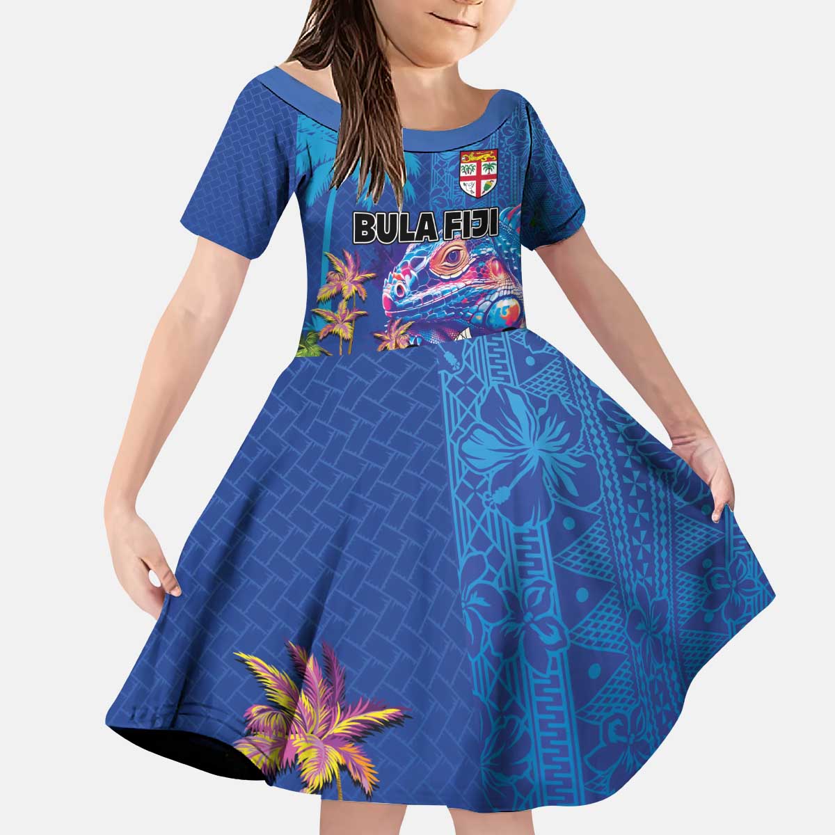 Fiji Bula Kid Short Sleeve Dress Tropical Plants with Palm Tree and Iguana Colorful