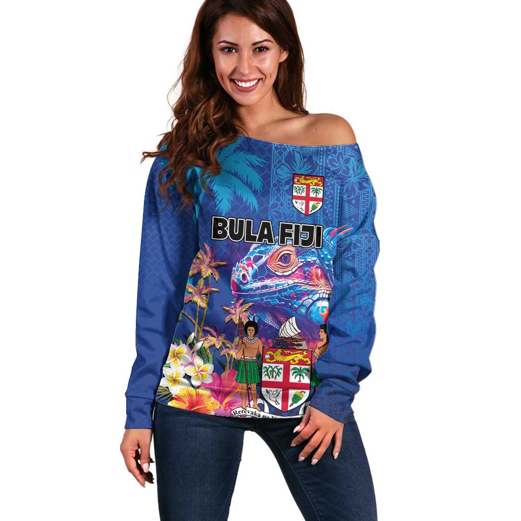 Fiji Bula Off Shoulder Sweater Tropical Plants with Palm Tree and Iguana Colorful
