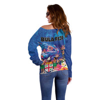 Fiji Bula Off Shoulder Sweater Tropical Plants with Palm Tree and Iguana Colorful