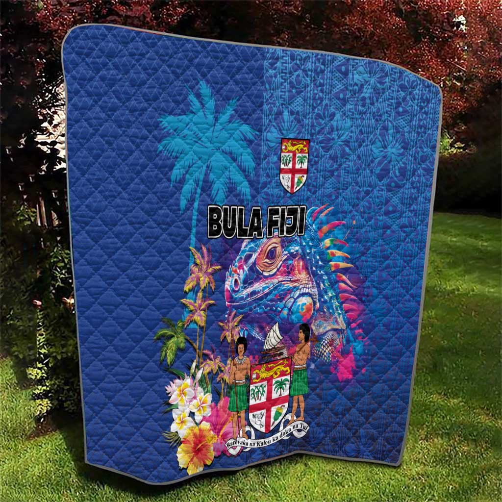 Fiji Bula Quilt Tropical Plants with Palm Tree and Iguana Colorful