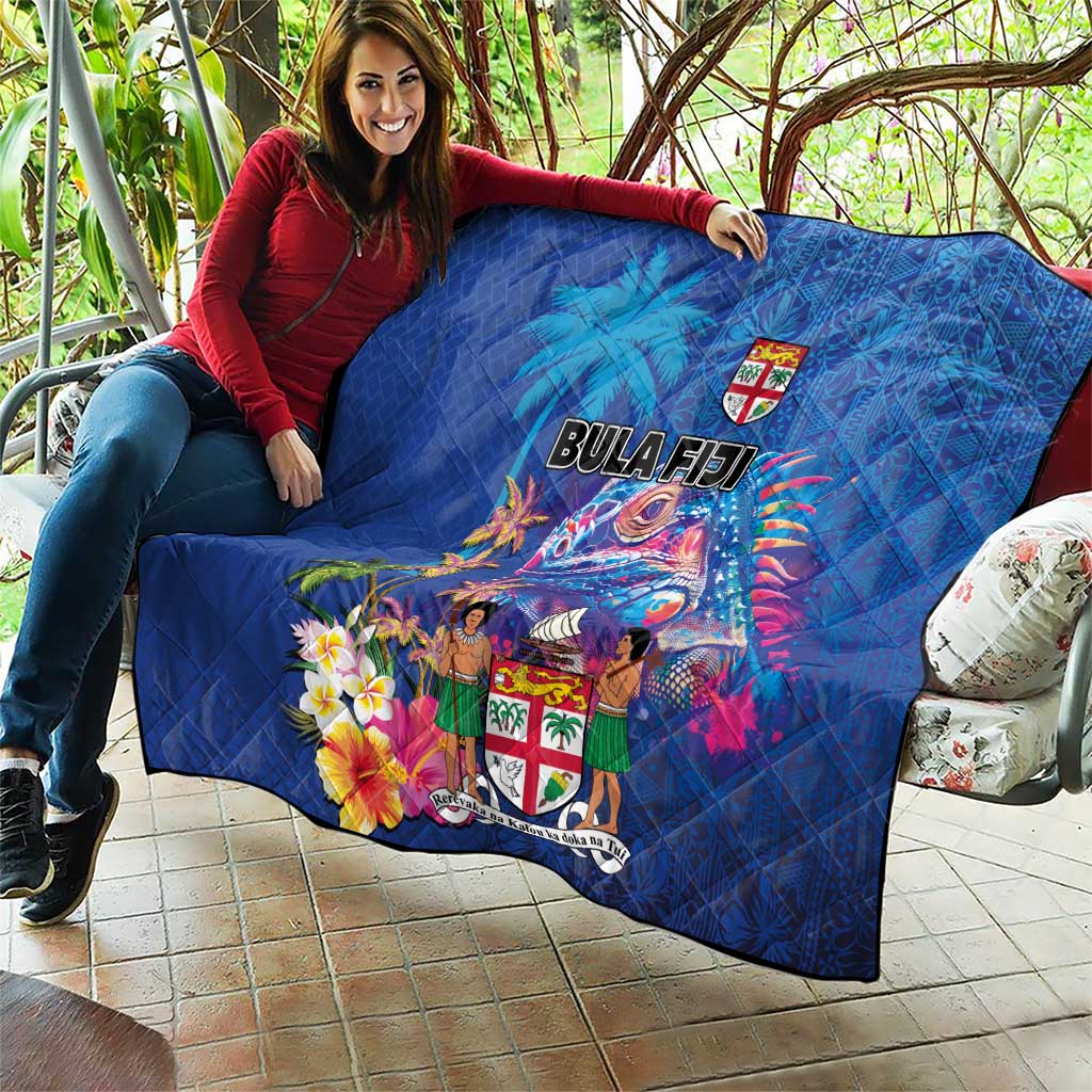 Fiji Bula Quilt Tropical Plants with Palm Tree and Iguana Colorful