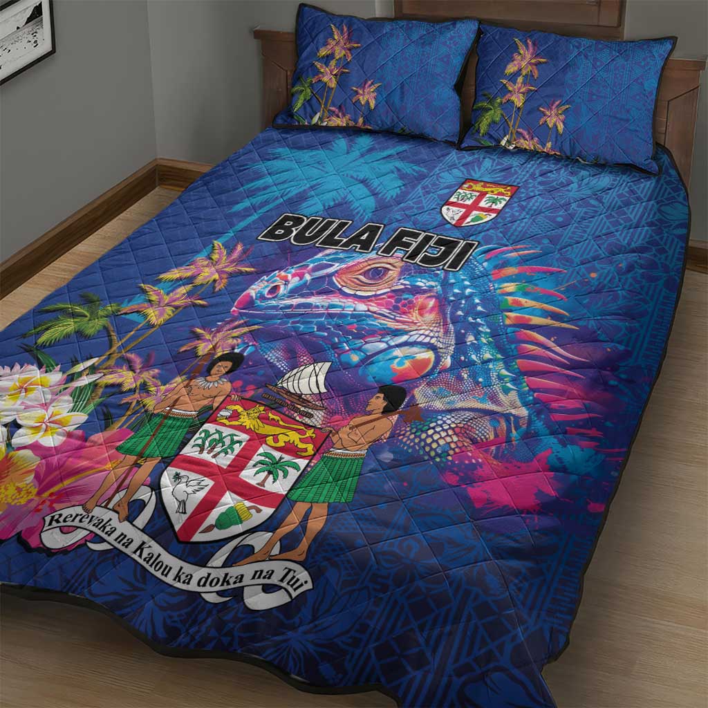 Fiji Bula Quilt Bed Set Tropical Plants with Palm Tree and Iguana Colorful