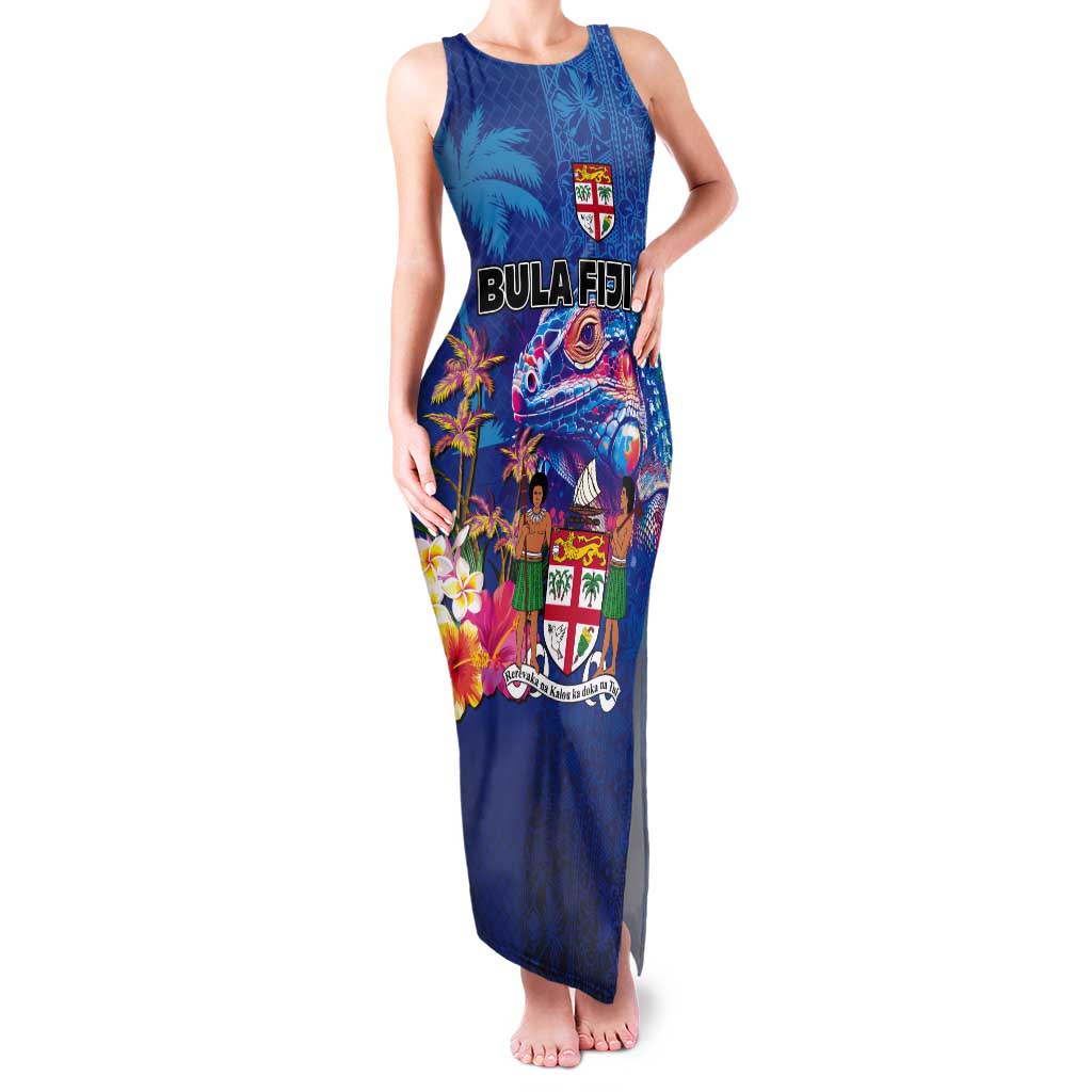Fiji Bula Tank Maxi Dress Tropical Plants with Palm Tree and Iguana Colorful LT03 Women Blue - Polynesian Pride