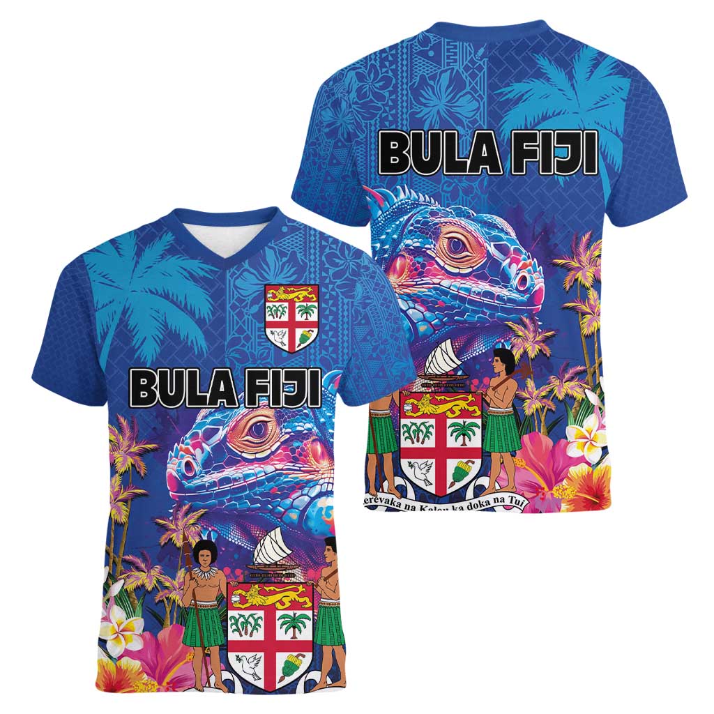 Fiji Bula Women V-Neck T-Shirt Tropical Plants with Palm Tree and Iguana Colorful