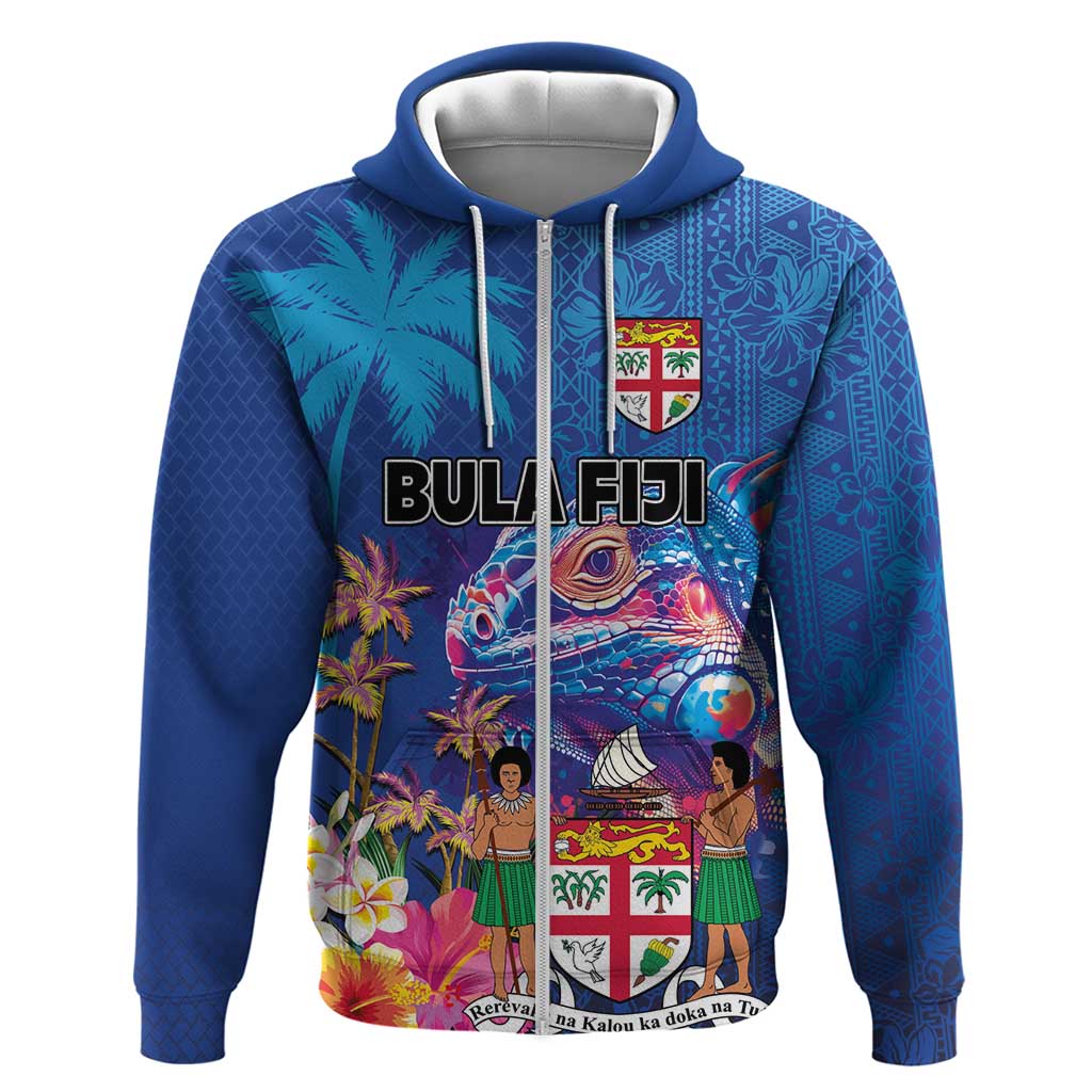 Fiji Bula Zip Hoodie Tropical Plants with Palm Tree and Iguana Colorful
