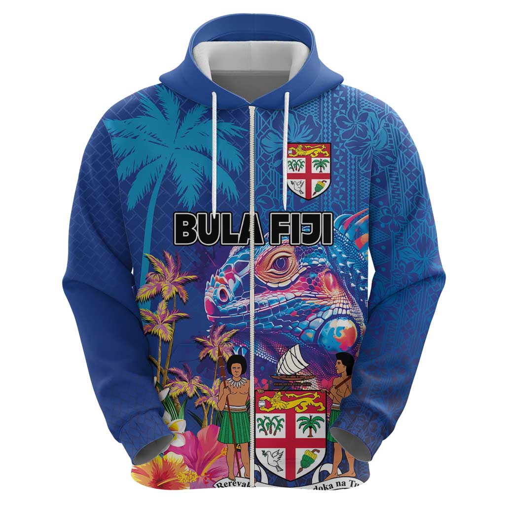 Fiji Bula Zip Hoodie Tropical Plants with Palm Tree and Iguana Colorful