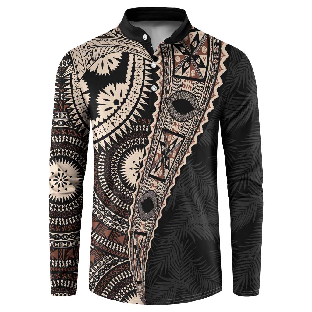 Fiji Traditional Masi Button Sweatshirt Tapa Art Palm Leaves Pattern