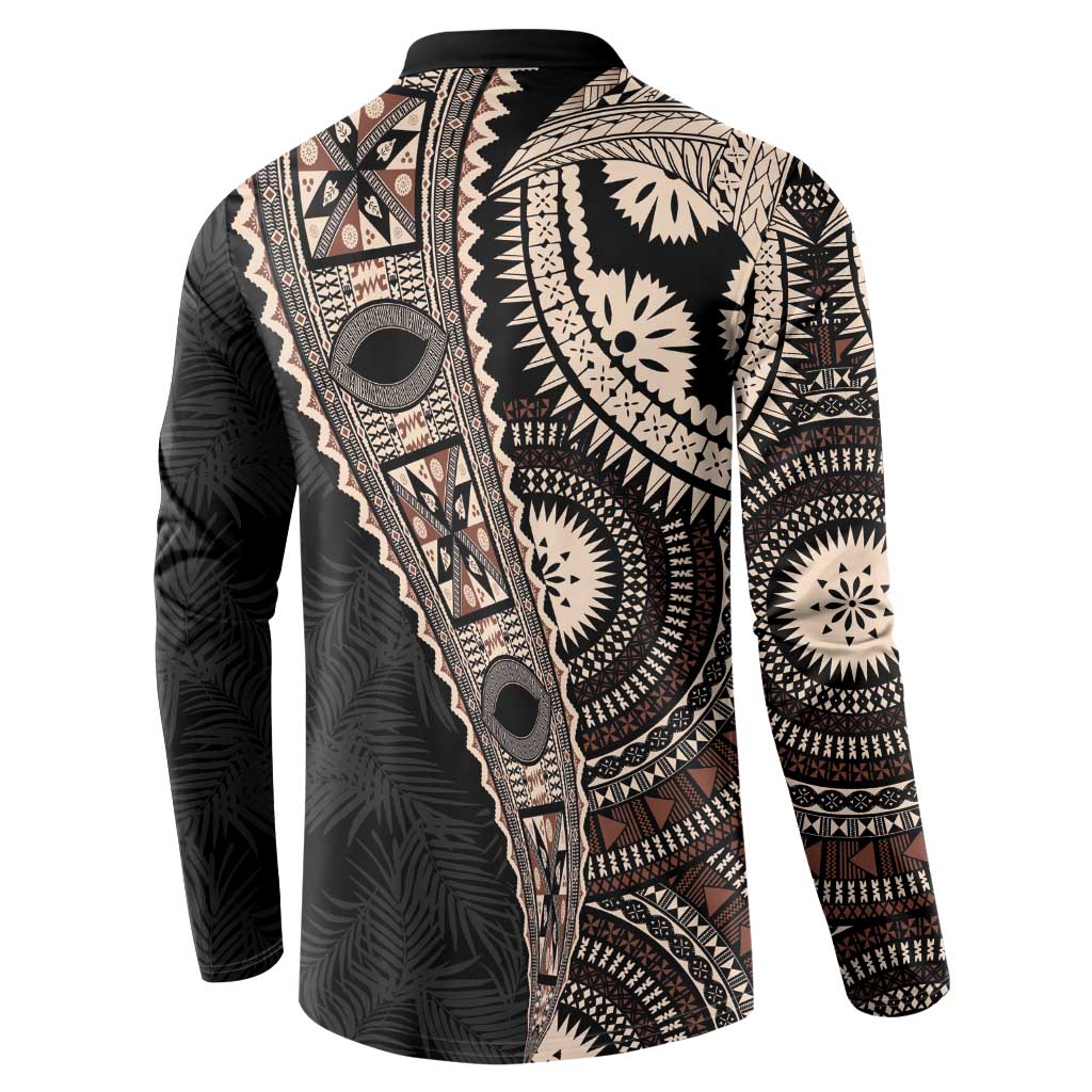 Fiji Traditional Masi Button Sweatshirt Tapa Art Palm Leaves Pattern