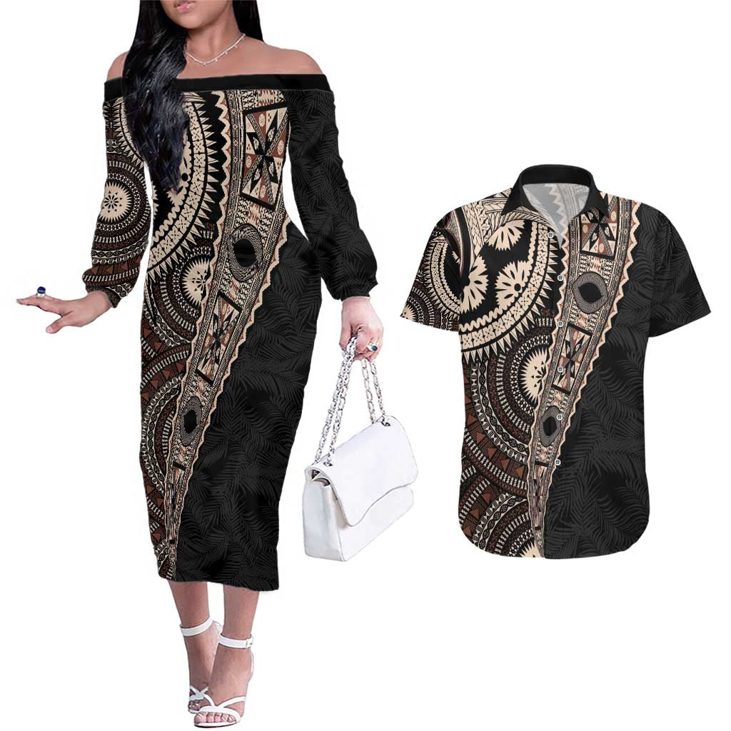 Fiji Traditional Masi Couples Matching Off The Shoulder Long Sleeve Dress and Hawaiian Shirt Tapa Art Palm Leaves Pattern