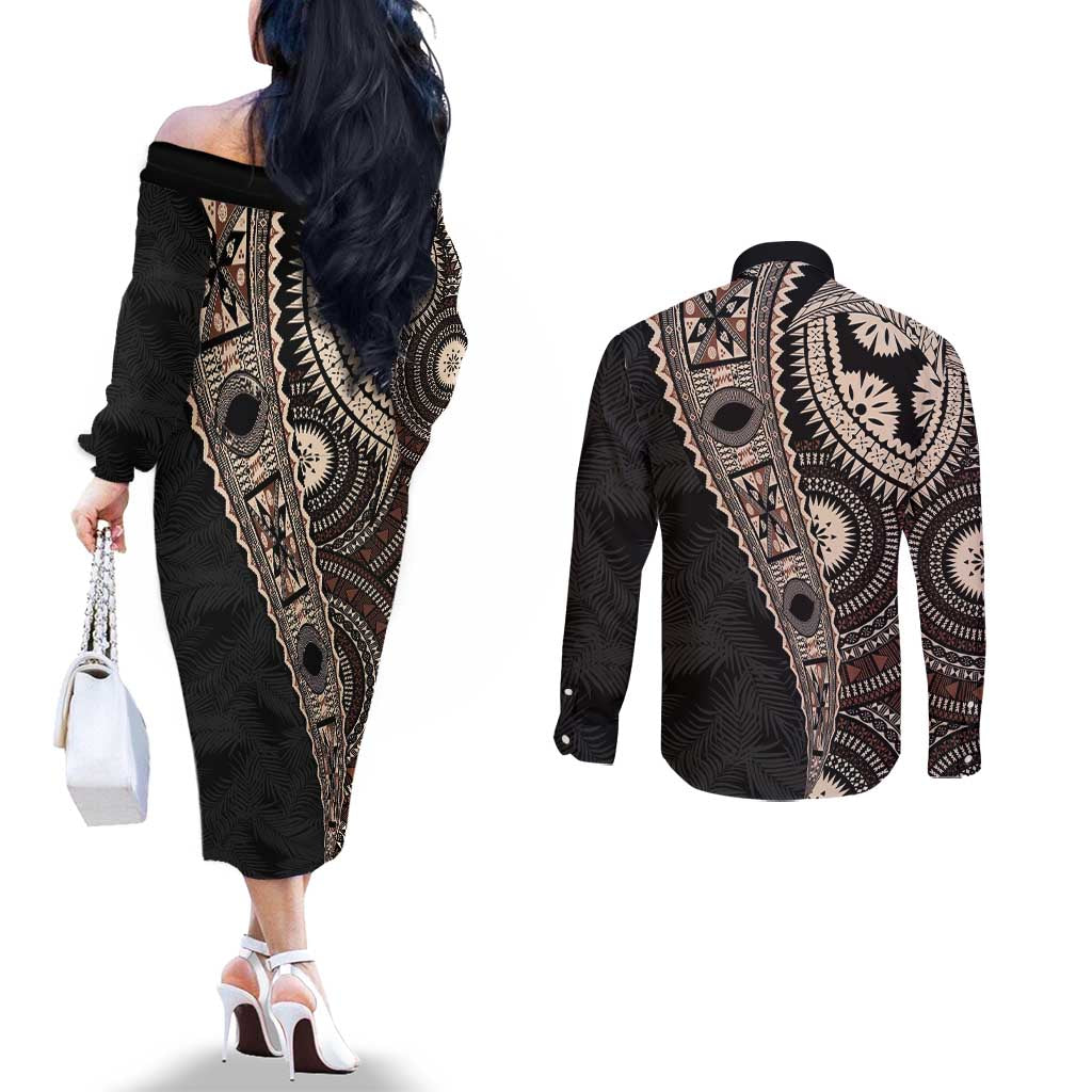 Fiji Traditional Masi Couples Matching Off The Shoulder Long Sleeve Dress and Long Sleeve Button Shirt Tapa Art Palm Leaves Pattern