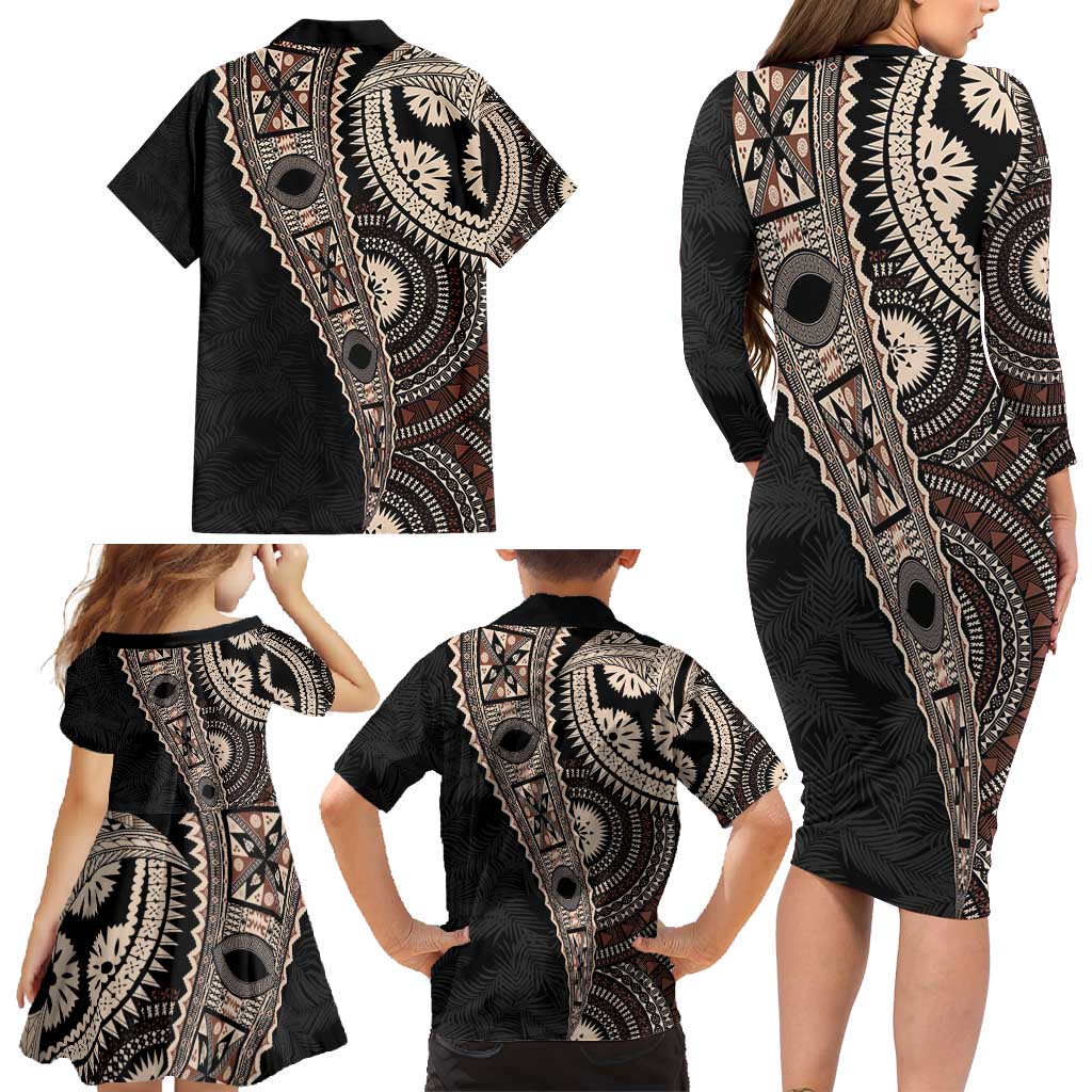 Fiji Traditional Masi Family Matching Long Sleeve Bodycon Dress and Hawaiian Shirt Tapa Art Palm Leaves Pattern LT03 - Polynesian Pride