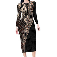 Fiji Traditional Masi Family Matching Long Sleeve Bodycon Dress and Hawaiian Shirt Tapa Art Palm Leaves Pattern LT03 Mom's Dress Brown - Polynesian Pride