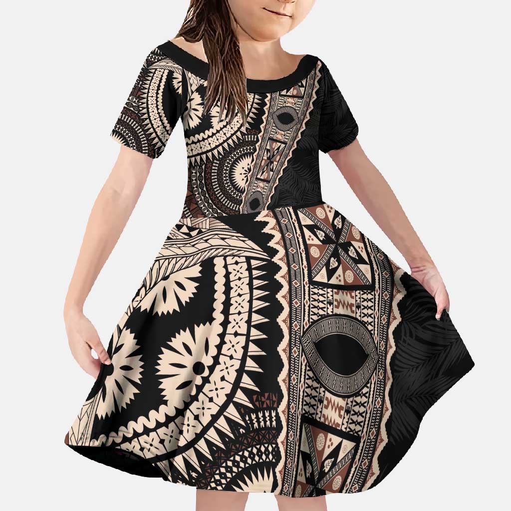 Fiji Traditional Masi Family Matching Mermaid Dress and Hawaiian Shirt Tapa Art Palm Leaves Pattern LT03 Daughter's Dress Brown - Polynesian Pride