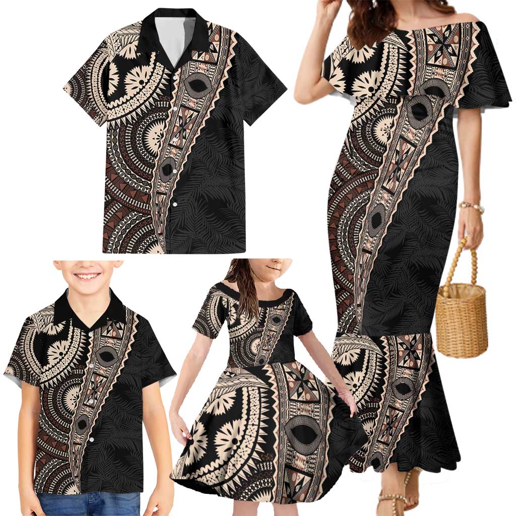 Fiji Traditional Masi Family Matching Mermaid Dress and Hawaiian Shirt Tapa Art Palm Leaves Pattern LT03 - Polynesian Pride