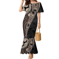 Fiji Traditional Masi Family Matching Mermaid Dress and Hawaiian Shirt Tapa Art Palm Leaves Pattern LT03 Mom's Dress Brown - Polynesian Pride