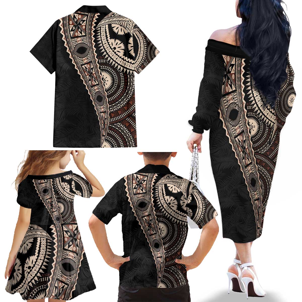 Fiji Traditional Masi Family Matching Off The Shoulder Long Sleeve Dress and Hawaiian Shirt Tapa Art Palm Leaves Pattern LT03 - Polynesian Pride