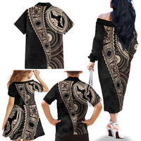 Fiji Traditional Masi Family Matching Off The Shoulder Long Sleeve Dress and Hawaiian Shirt Tapa Art Palm Leaves Pattern LT03 - Polynesian Pride