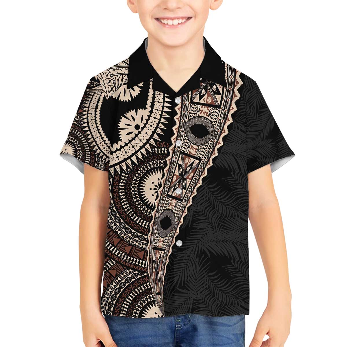 Fiji Traditional Masi Family Matching Off The Shoulder Long Sleeve Dress and Hawaiian Shirt Tapa Art Palm Leaves Pattern LT03 Son's Shirt Brown - Polynesian Pride