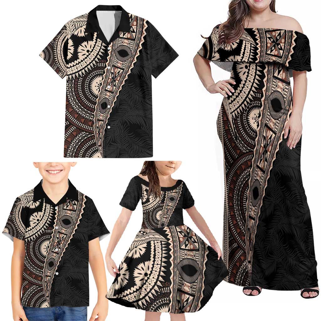 Fiji Traditional Masi Family Matching Off Shoulder Maxi Dress and Hawaiian Shirt Tapa Art Palm Leaves Pattern