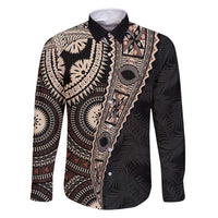 Fiji Traditional Masi Family Matching Off Shoulder Maxi Dress and Hawaiian Shirt Tapa Art Palm Leaves Pattern