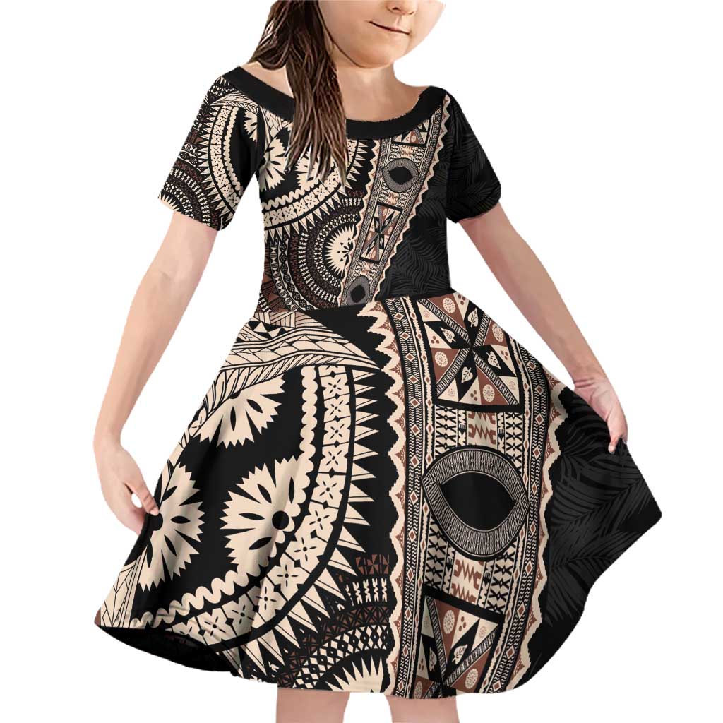 Fiji Traditional Masi Family Matching Off Shoulder Short Dress and Hawaiian Shirt Tapa Art Palm Leaves Pattern LT03 Daughter's Dress Brown - Polynesian Pride