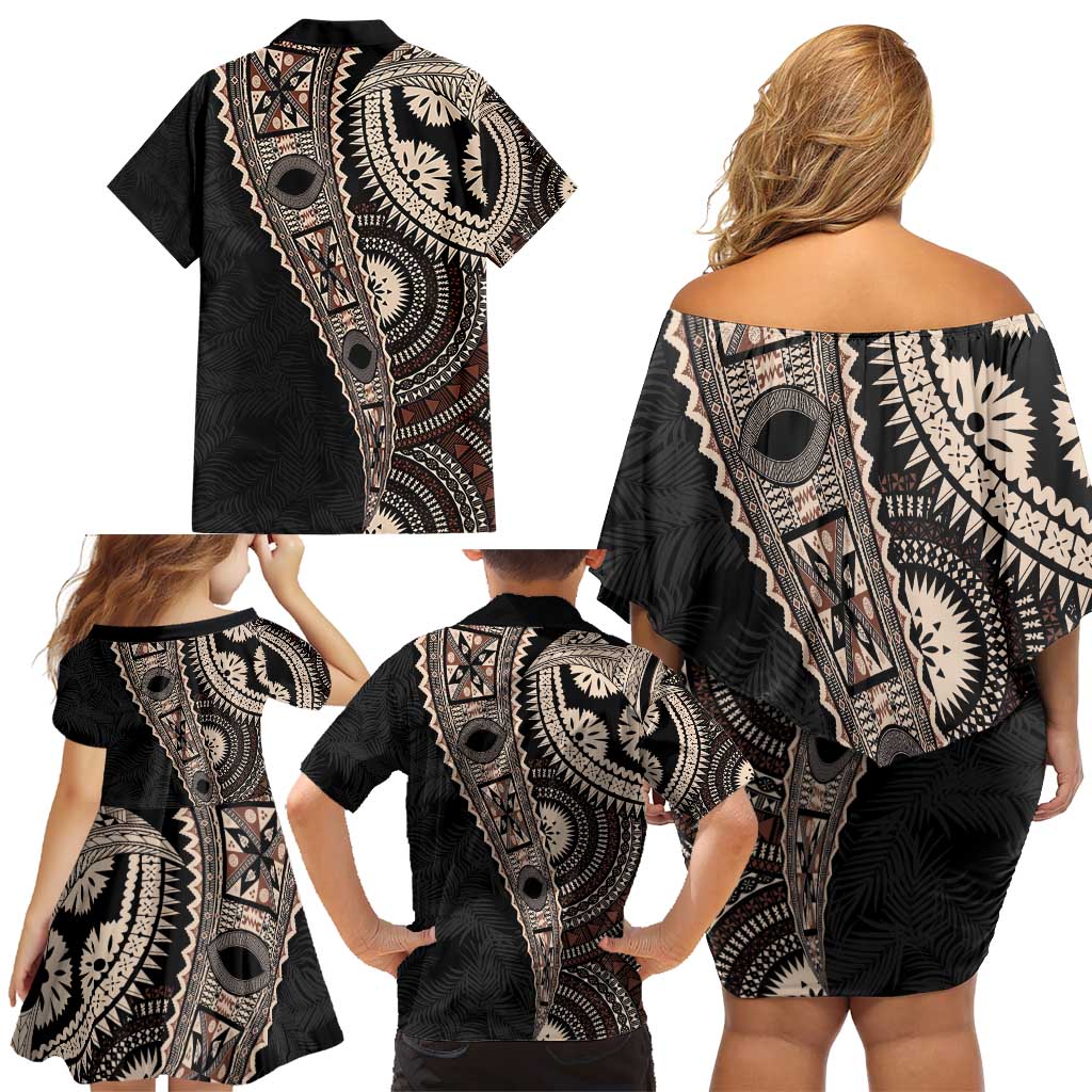 Fiji Traditional Masi Family Matching Off Shoulder Short Dress and Hawaiian Shirt Tapa Art Palm Leaves Pattern LT03 - Polynesian Pride
