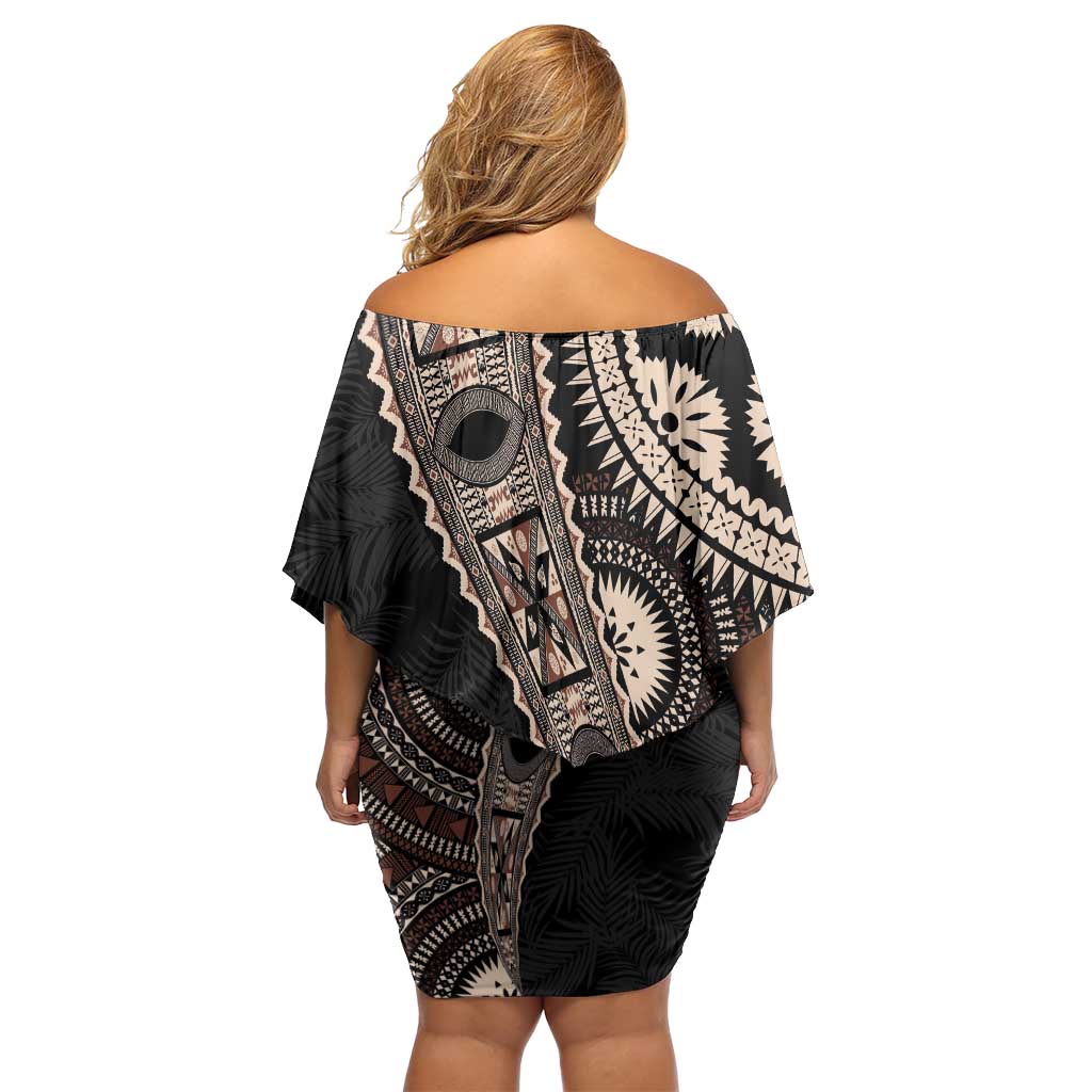 Fiji Traditional Masi Family Matching Off Shoulder Short Dress and Hawaiian Shirt Tapa Art Palm Leaves Pattern LT03 - Polynesian Pride