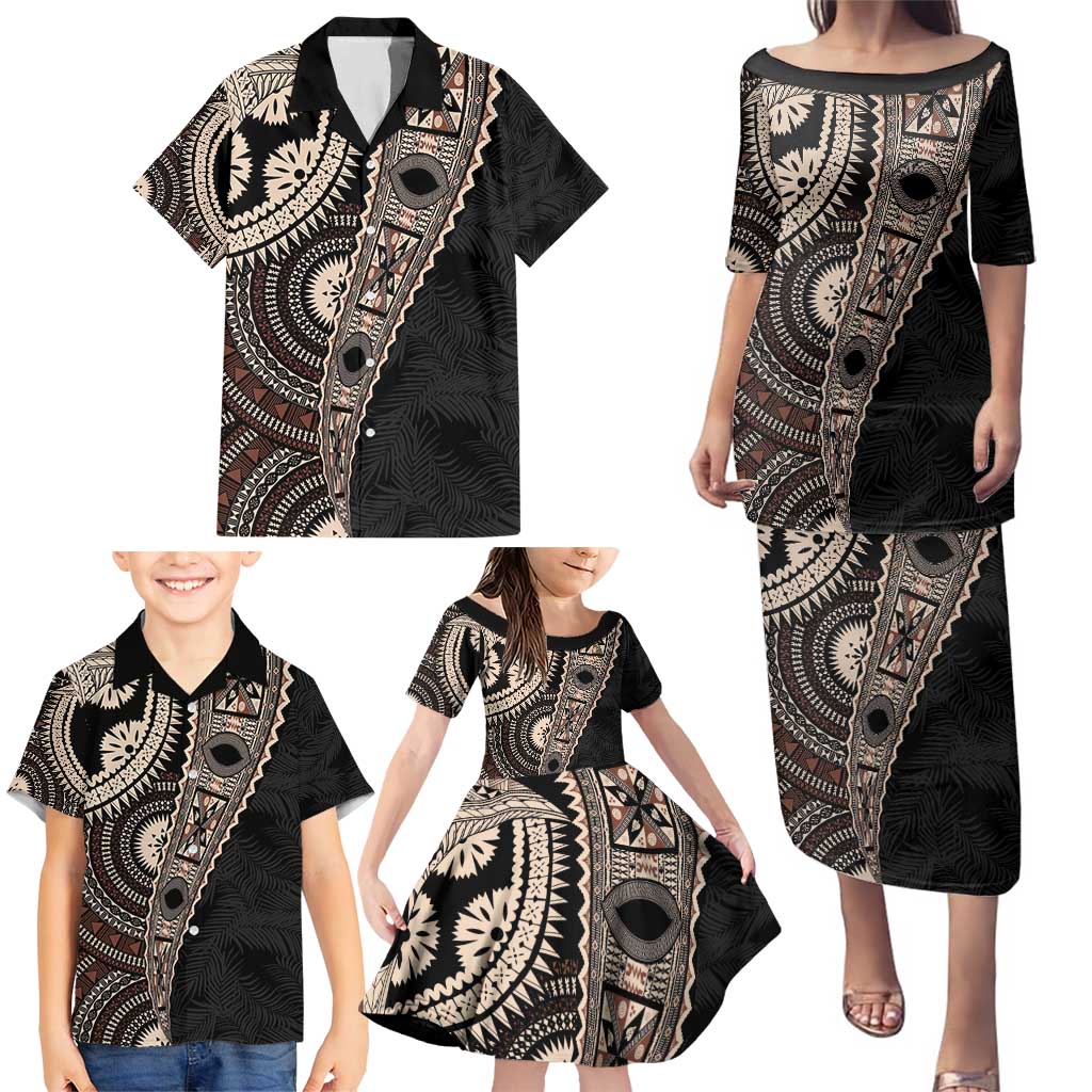 Fiji Traditional Masi Family Matching Puletasi and Hawaiian Shirt Tapa Art Palm Leaves Pattern