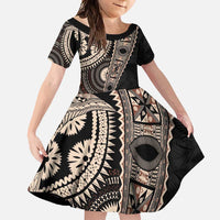 Fiji Traditional Masi Family Matching Short Sleeve Bodycon Dress and Hawaiian Shirt Tapa Art Palm Leaves Pattern LT03 Daughter's Dress Brown - Polynesian Pride