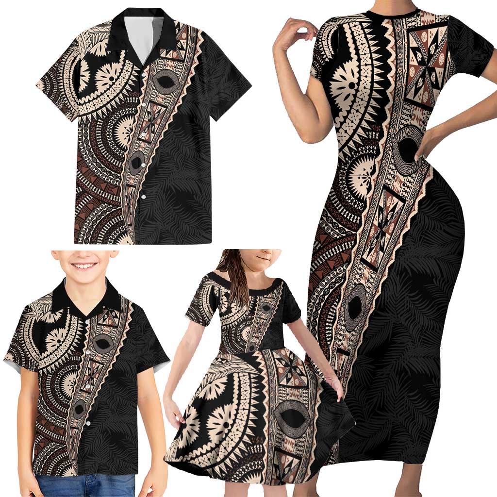 Fiji Traditional Masi Family Matching Short Sleeve Bodycon Dress and Hawaiian Shirt Tapa Art Palm Leaves Pattern LT03 - Polynesian Pride