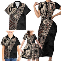 Fiji Traditional Masi Family Matching Short Sleeve Bodycon Dress and Hawaiian Shirt Tapa Art Palm Leaves Pattern LT03 - Polynesian Pride