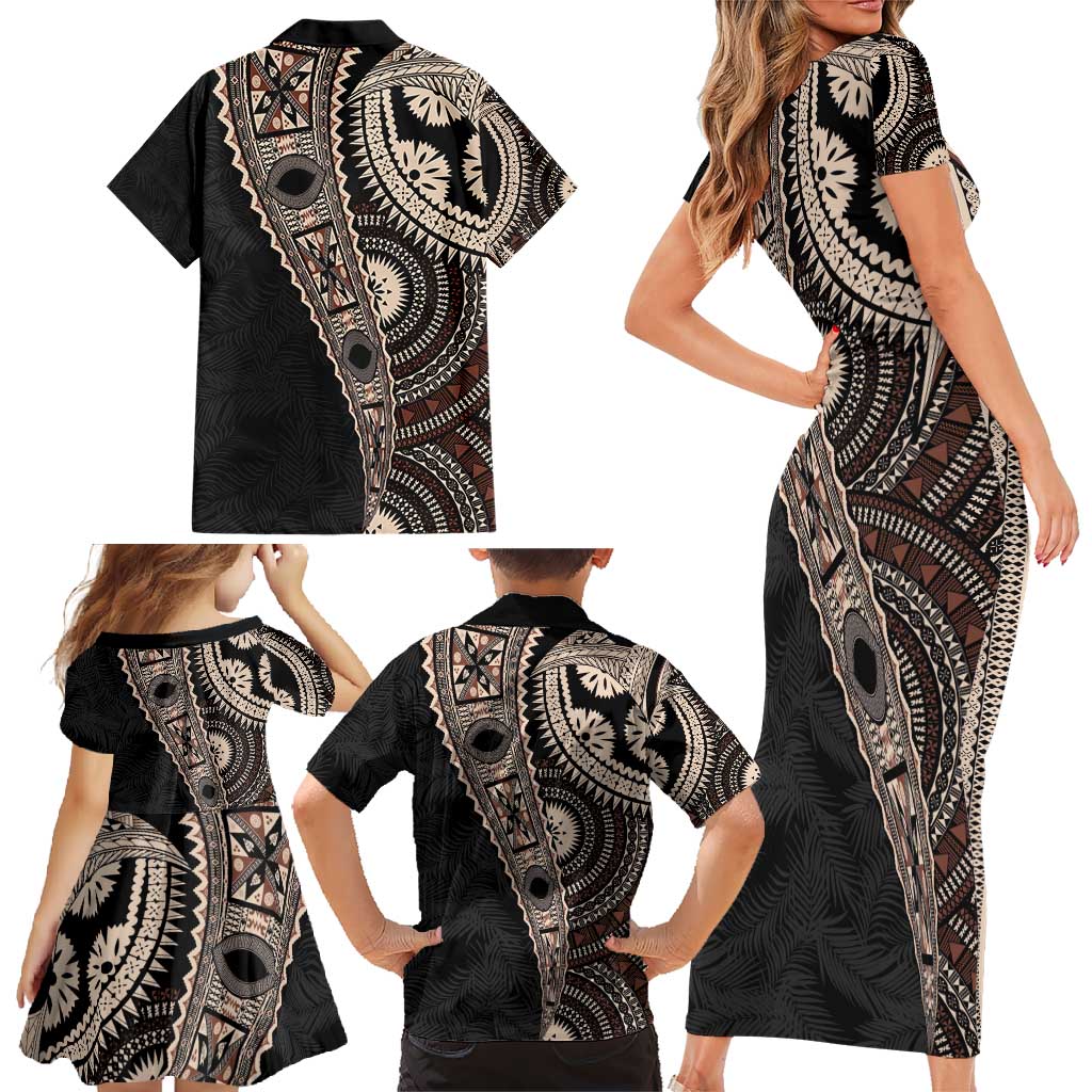 Fiji Traditional Masi Family Matching Short Sleeve Bodycon Dress and Hawaiian Shirt Tapa Art Palm Leaves Pattern LT03 - Polynesian Pride