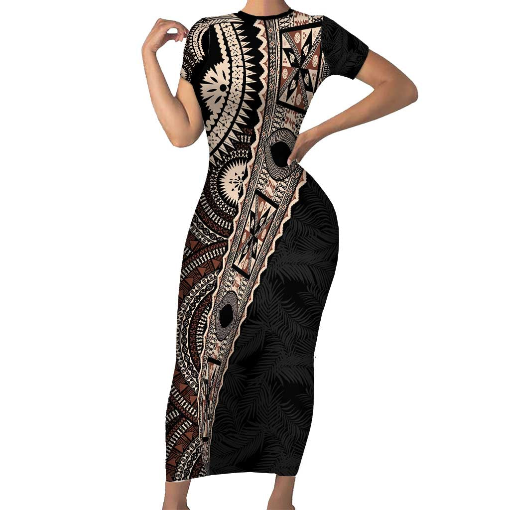 Fiji Traditional Masi Family Matching Short Sleeve Bodycon Dress and Hawaiian Shirt Tapa Art Palm Leaves Pattern LT03 Mom's Dress Brown - Polynesian Pride
