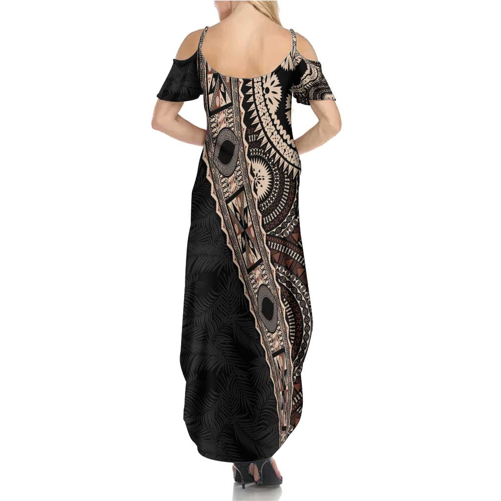 Fiji Traditional Masi Family Matching Summer Maxi Dress and Hawaiian Shirt Tapa Art Palm Leaves Pattern