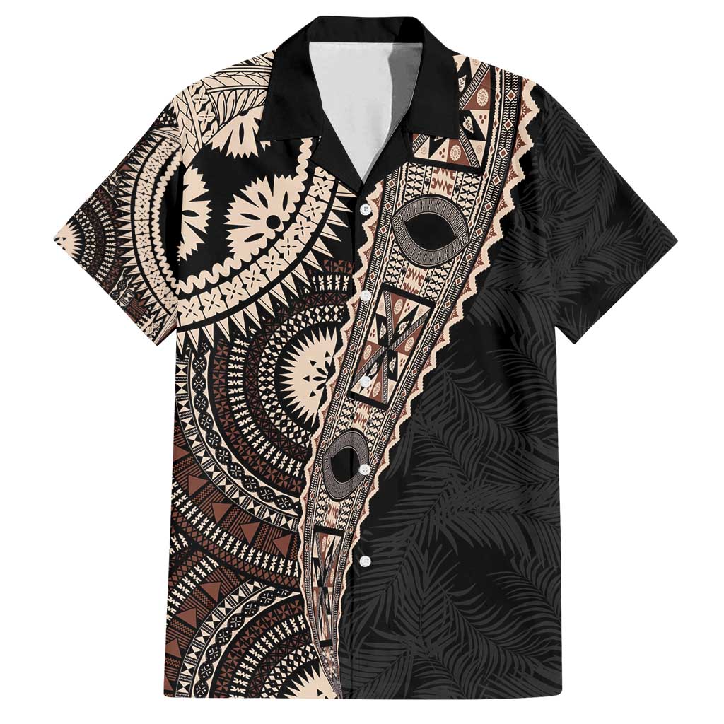Fiji Traditional Masi Family Matching Tank Maxi Dress and Hawaiian Shirt Tapa Art Palm Leaves Pattern LT03 Dad's Shirt - Short Sleeve Brown - Polynesian Pride